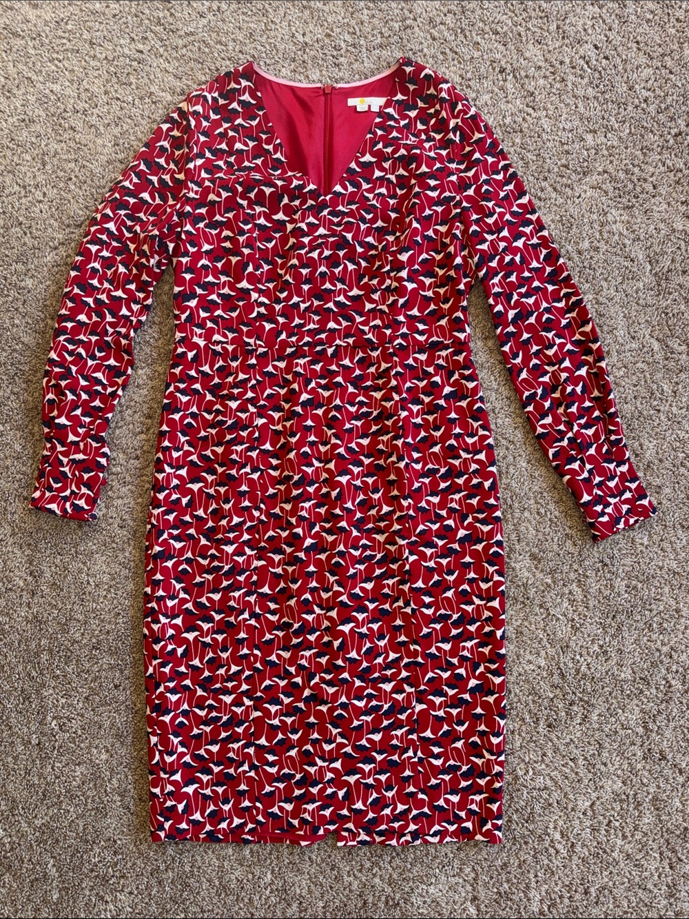 Boden Red Floral print v neck long sleeve lined dress size 10